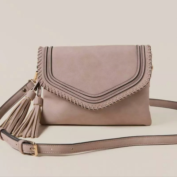 Francesca's Collections Handbags - Francesca’s Martina Flapover Whipstitch Crossbody Bag in Pink with Tassels